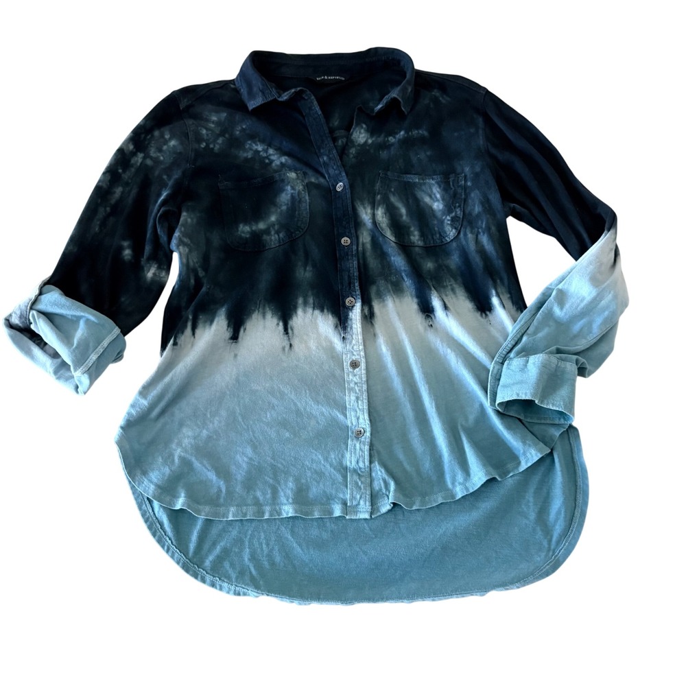 Rock & Republic Blue Black Grunge Tie Dye Roll Tab Sleeve Button Down Shirt S